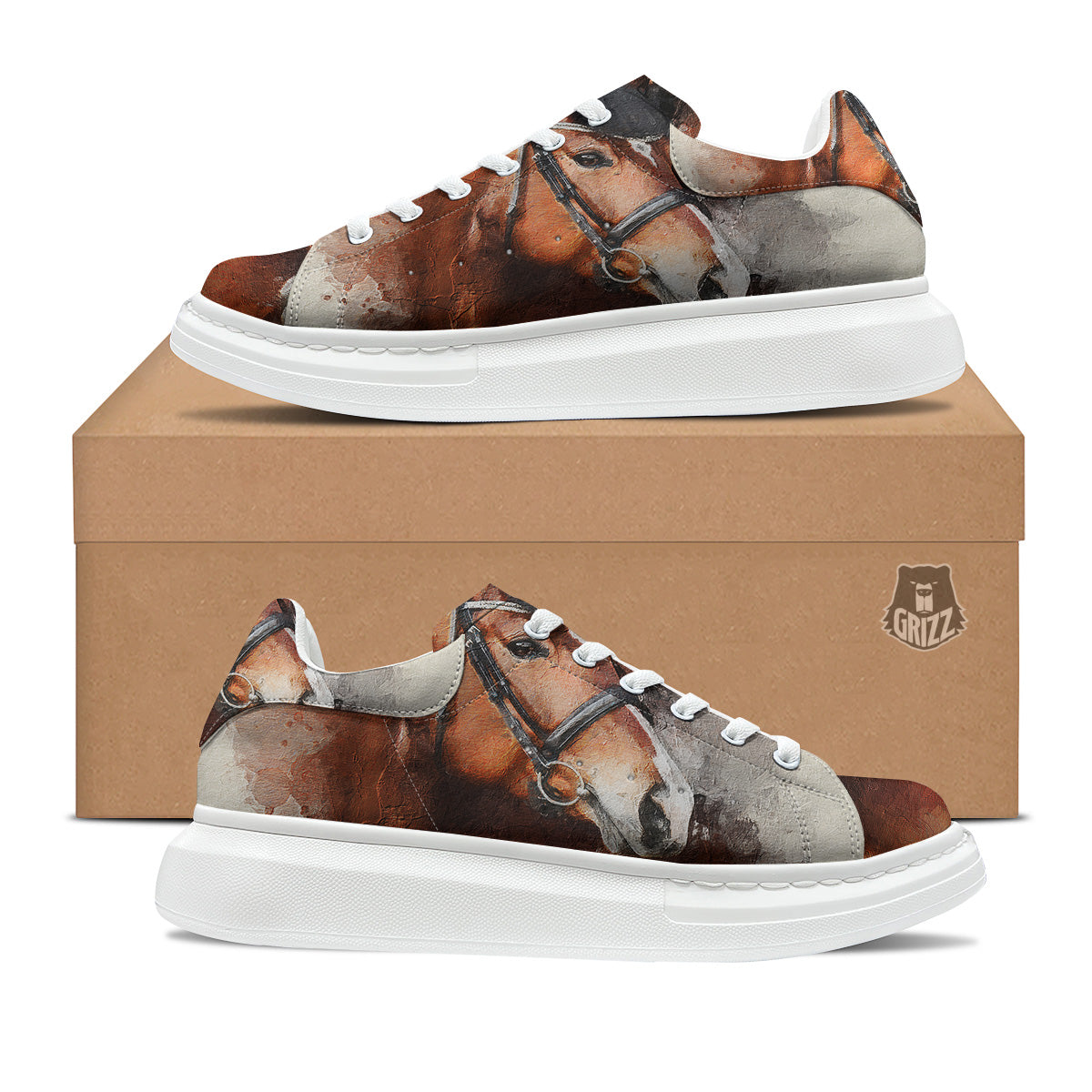 Painting Brown Horse Print Platform Shoes-grizzshop