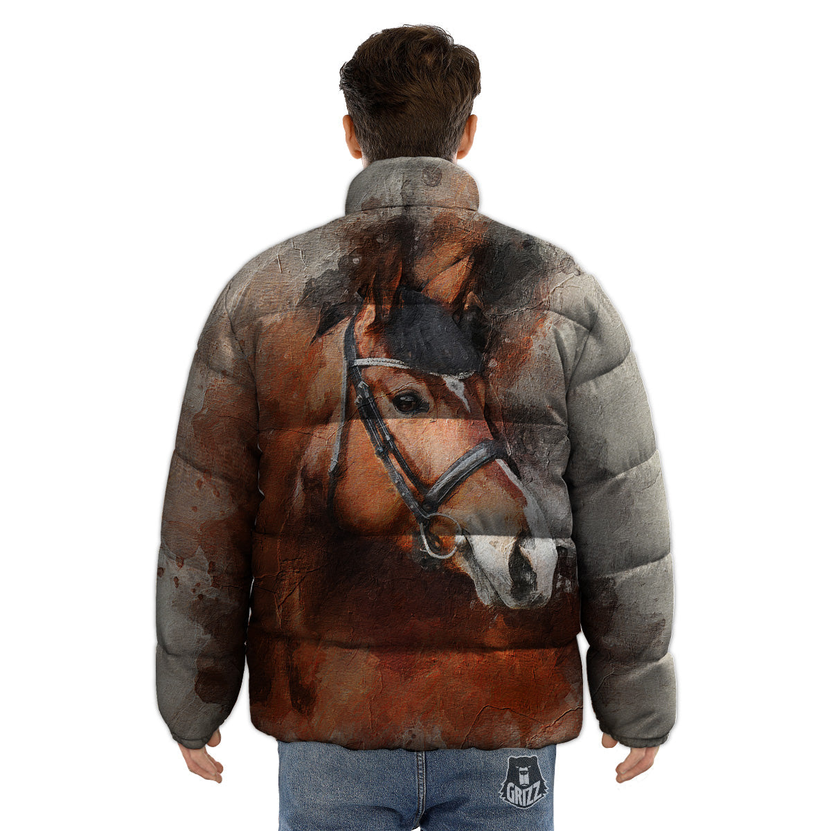 Painting Brown Horse Print Puffer Jacket-grizzshop