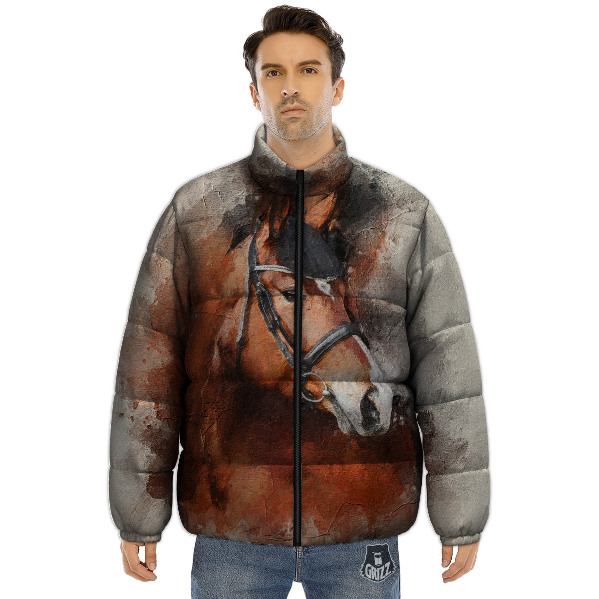 Painting Brown Horse Print Puffer Jacket-grizzshop