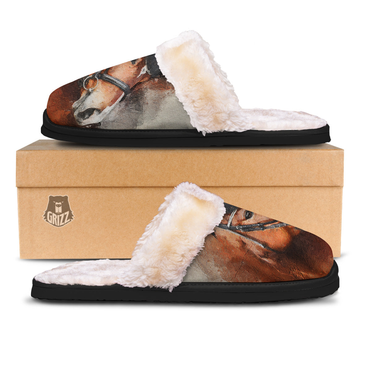 Painting Brown Horse Print Slippers-grizzshop