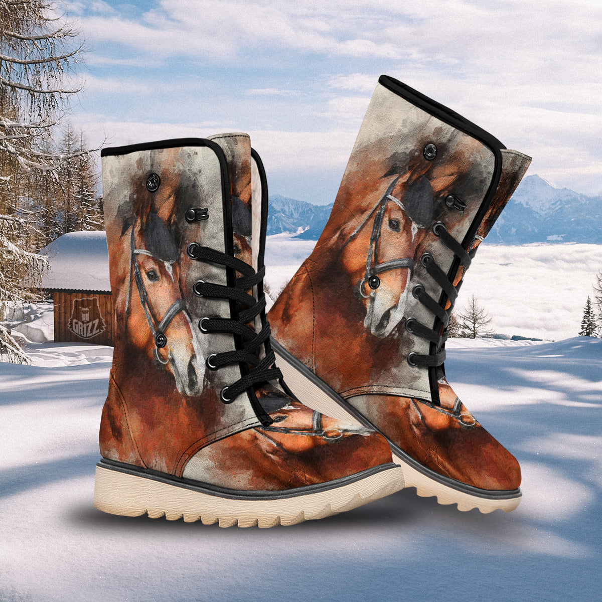 Painting Brown Horse Print Snow Boots-grizzshop