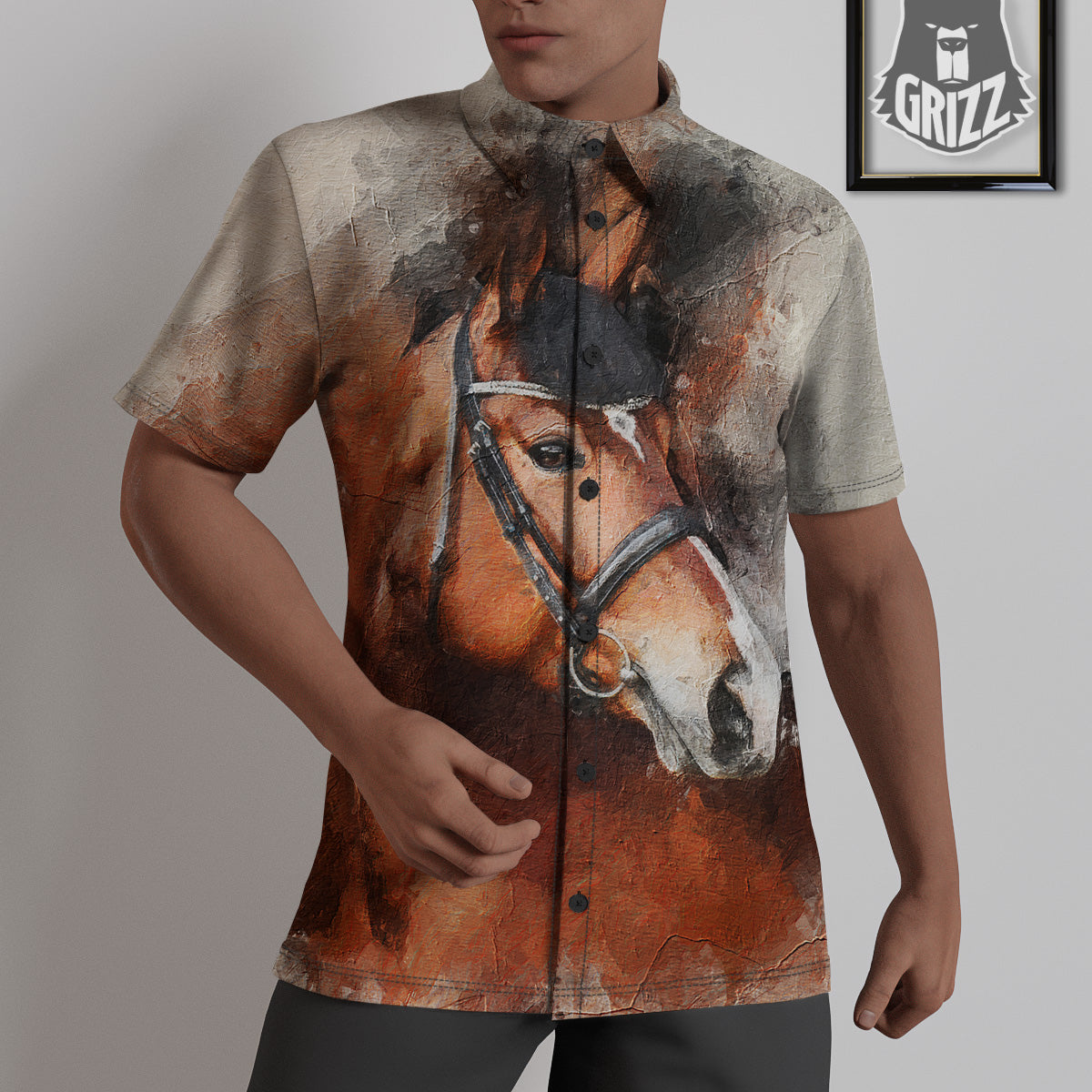 Painting Brown Horse Print Untucked Shirts-grizzshop