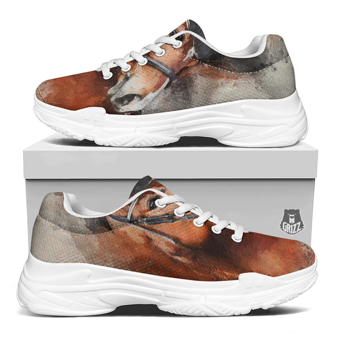 Painting Brown Horse Print White Chunky Shoes-grizzshop