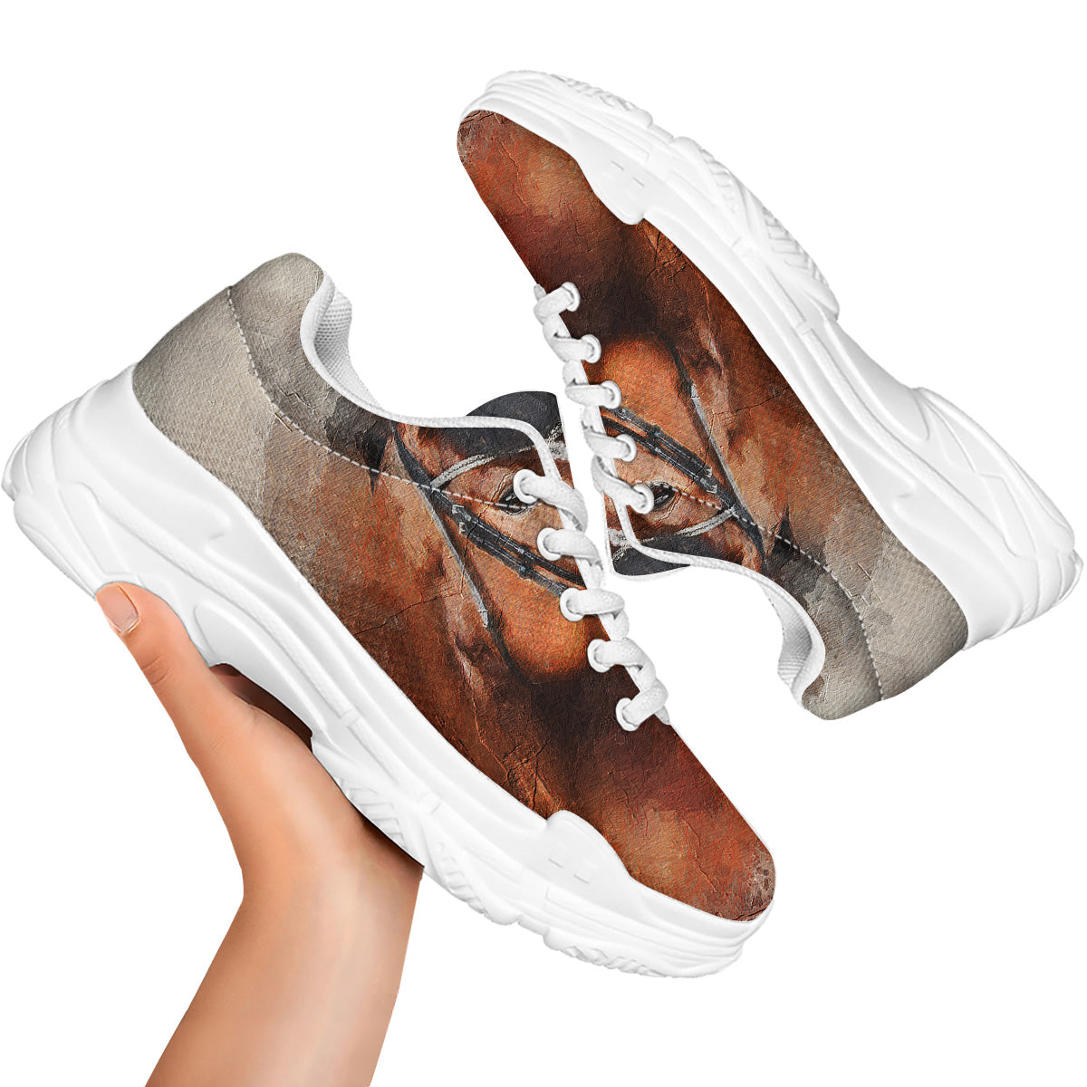 Painting Brown Horse Print White Chunky Shoes-grizzshop