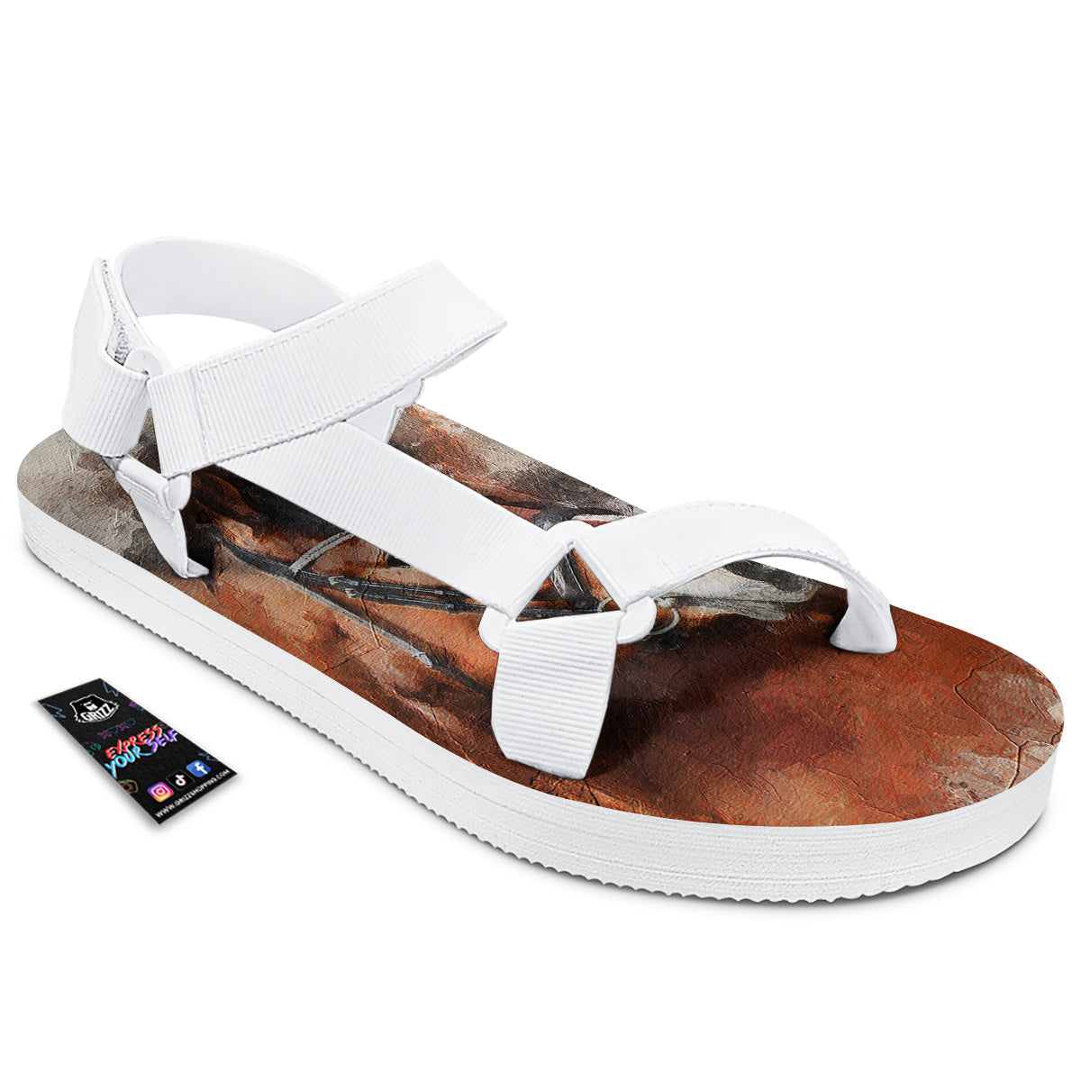 Painting Brown Horse Print White Open Toe Sandals-grizzshop