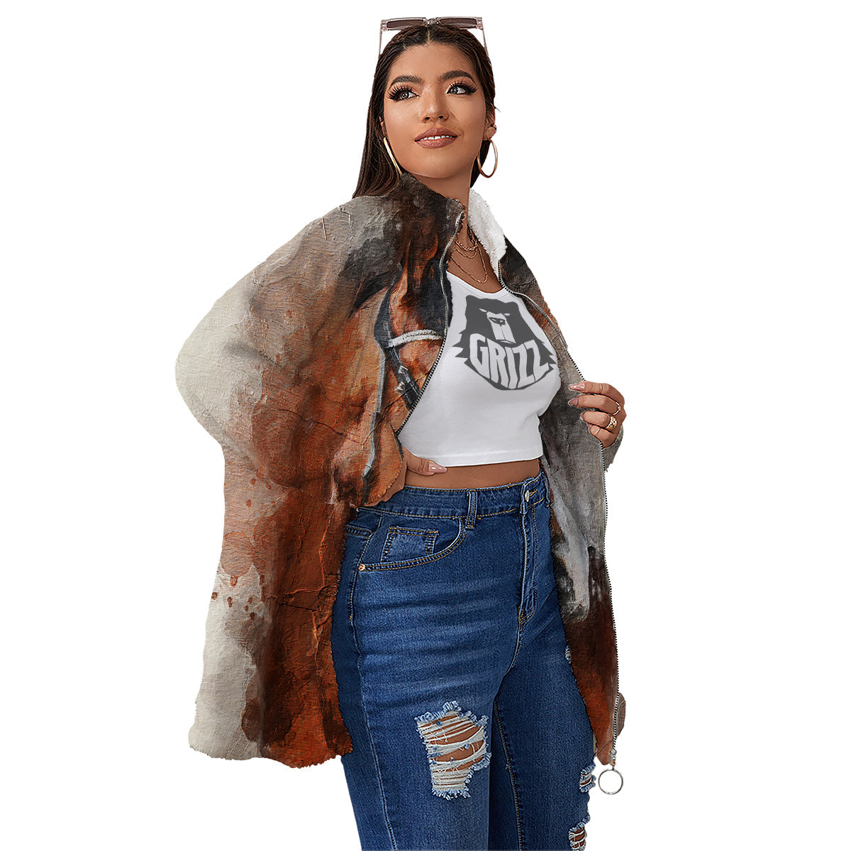 Painting Brown Horse Print Women's Sherpa Jacket-grizzshop
