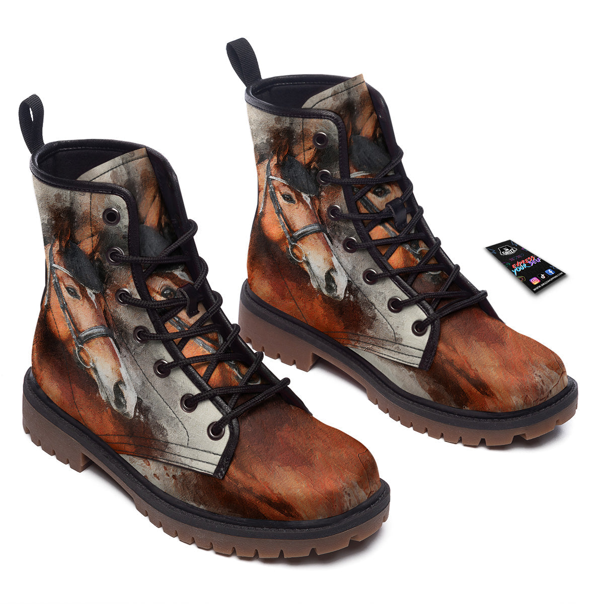 Painting Brown Horse Print Work Boots-grizzshop