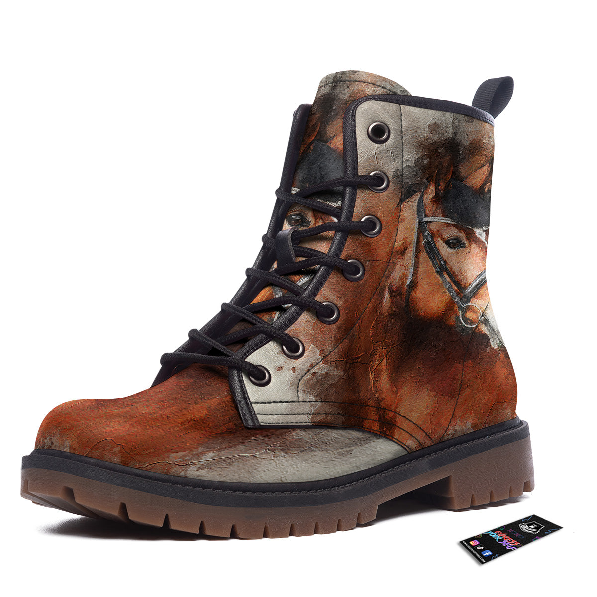 Painting Brown Horse Print Work Boots-grizzshop