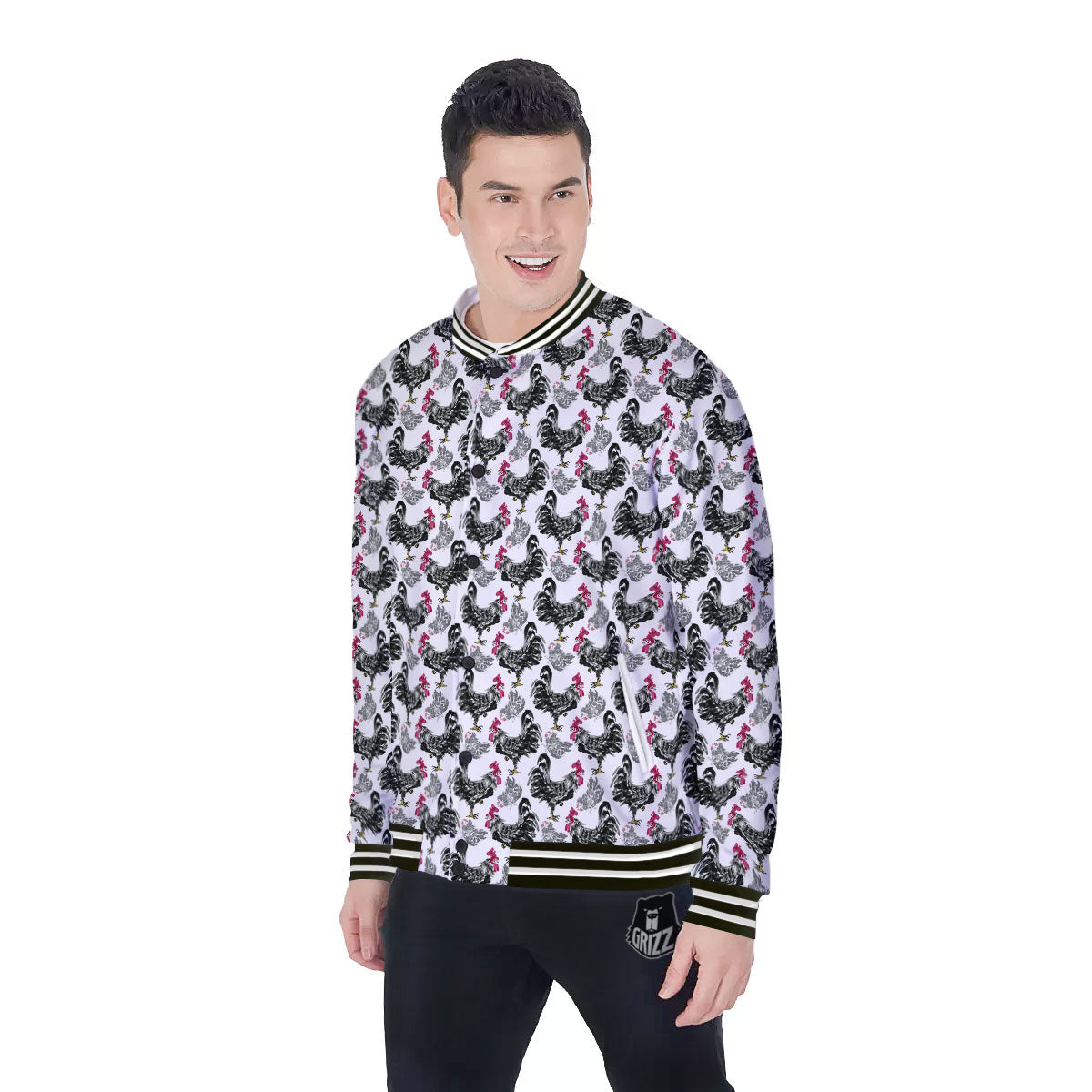 Painting Chicken Ink Print Pattern Baseball Jacket-grizzshop