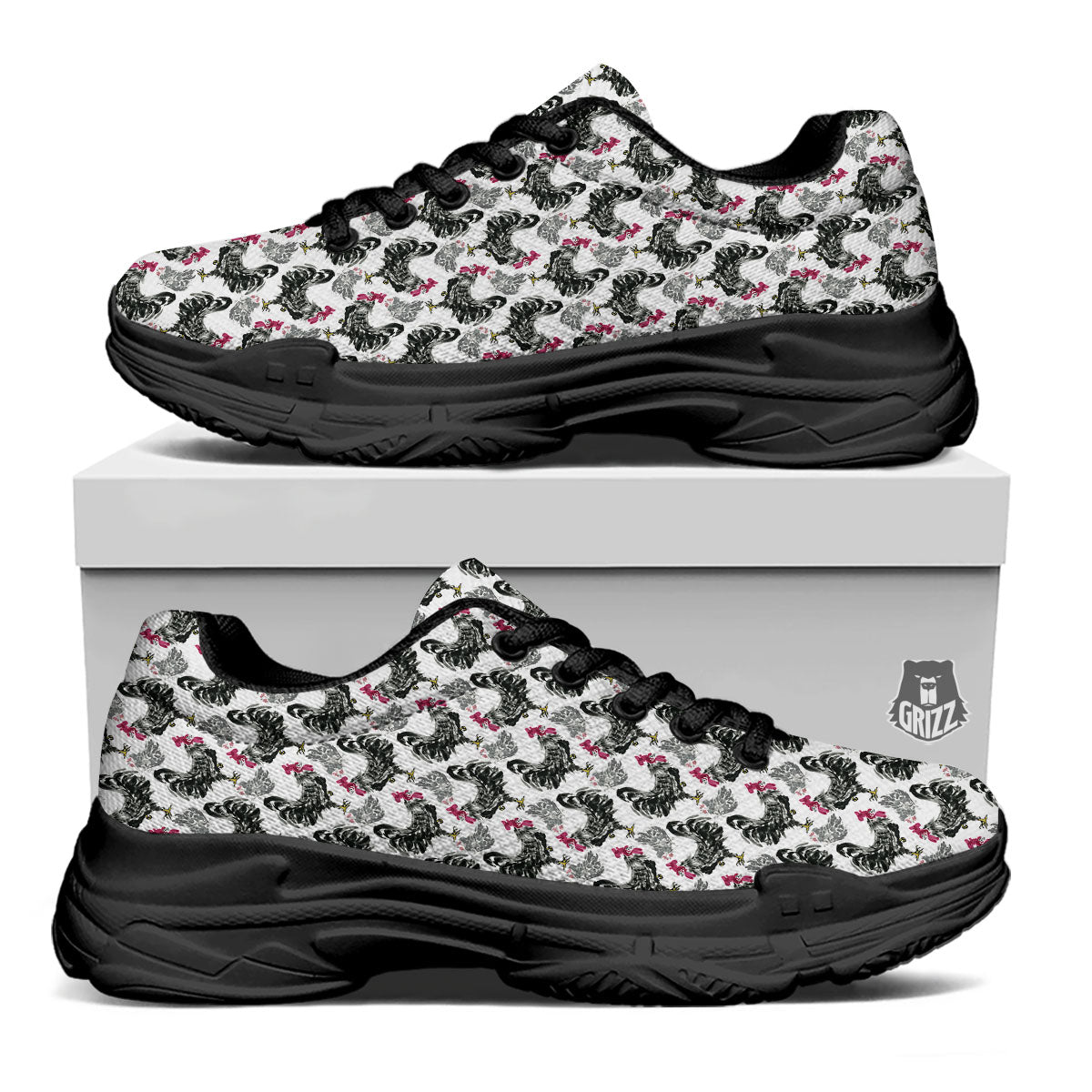 Painting Chicken Ink Print Pattern Black Chunky Shoes-grizzshop