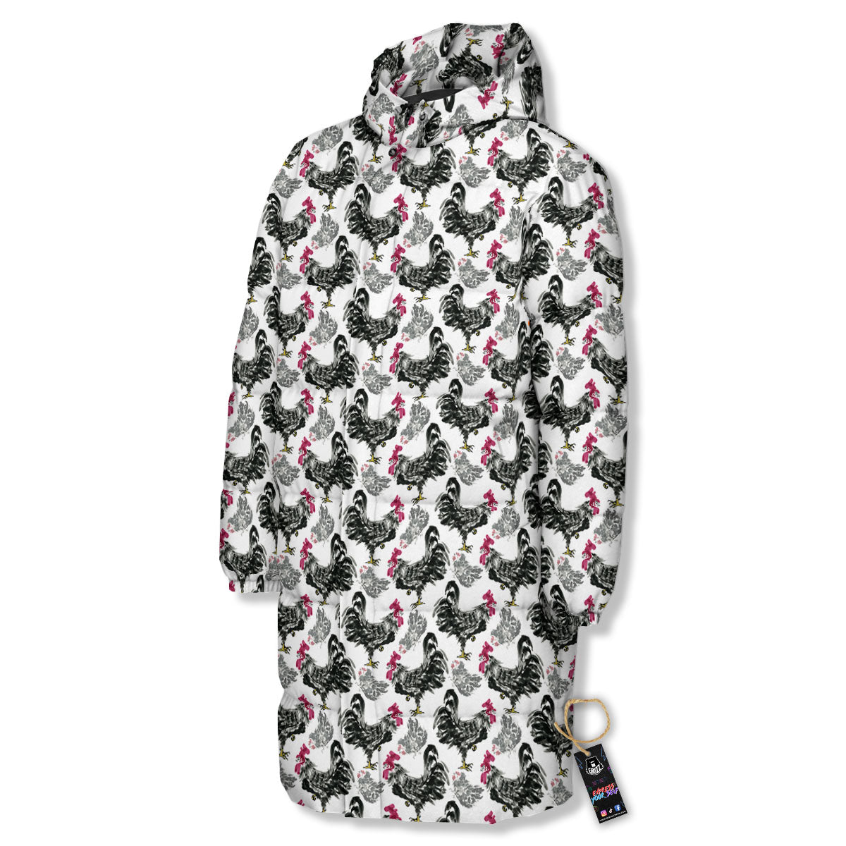 Painting Chicken Ink Print Pattern Long Down Jacket-grizzshop