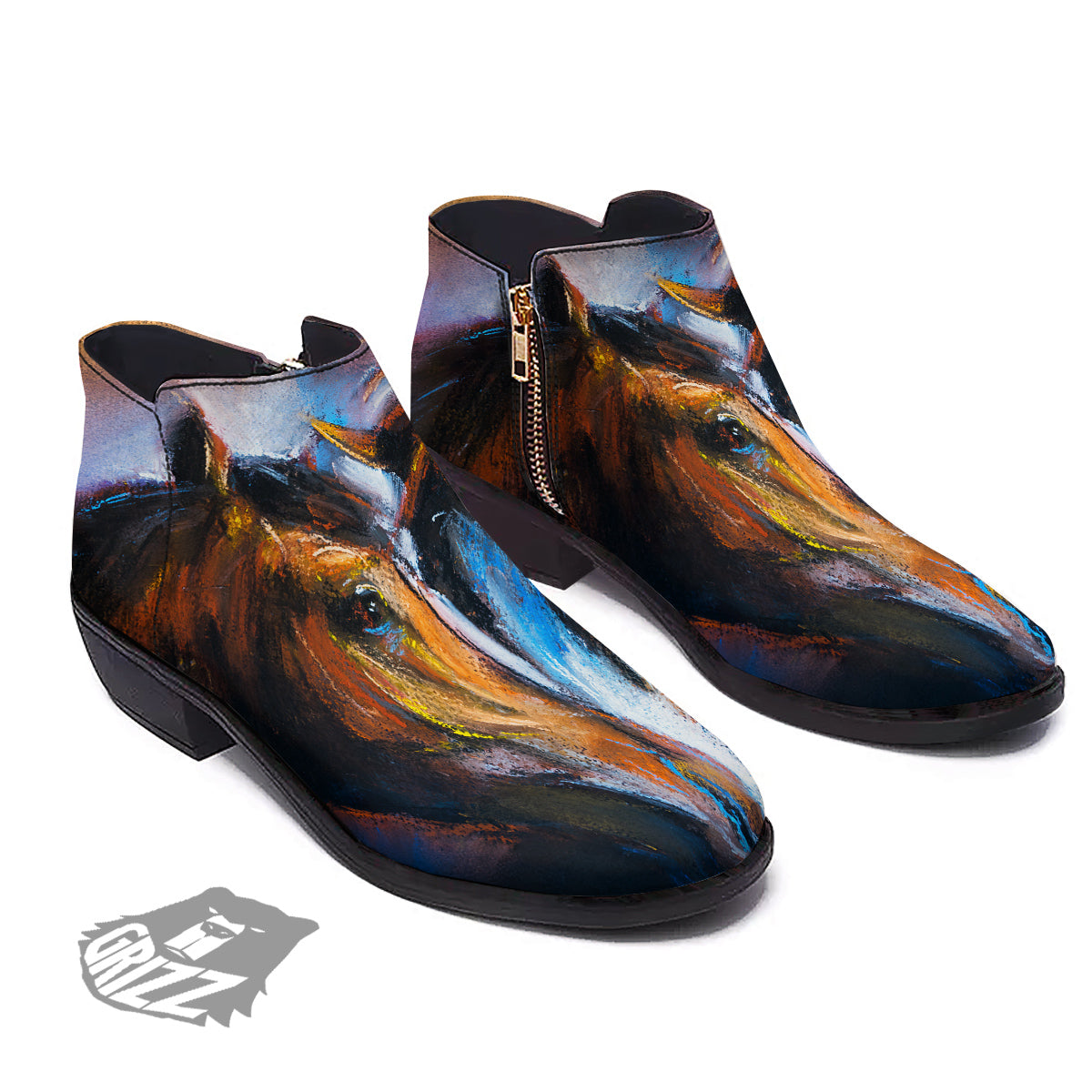 Painting Couple Horses Print Ankle Boots-grizzshop