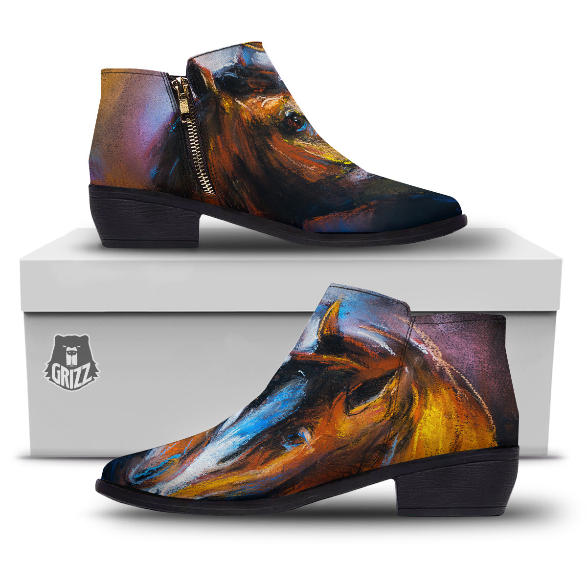 Painting Couple Horses Print Ankle Boots-grizzshop