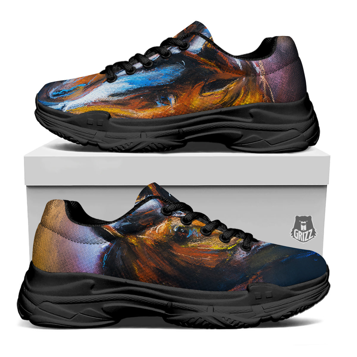 Painting Couple Horses Print Black Chunky Shoes-grizzshop