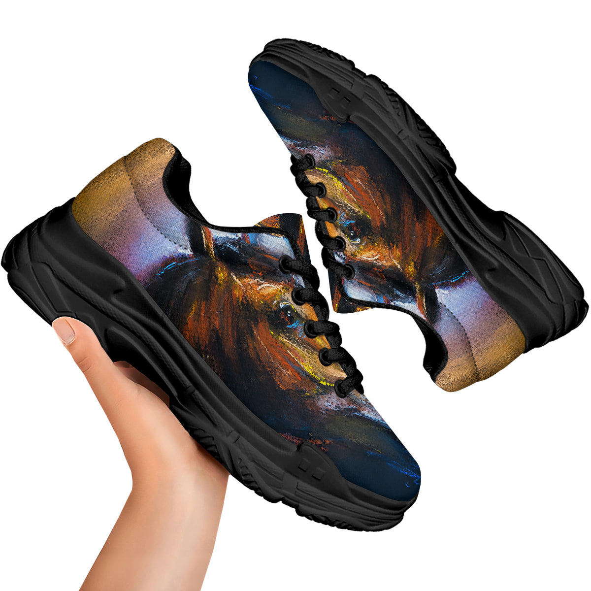 Painting Couple Horses Print Black Chunky Shoes-grizzshop