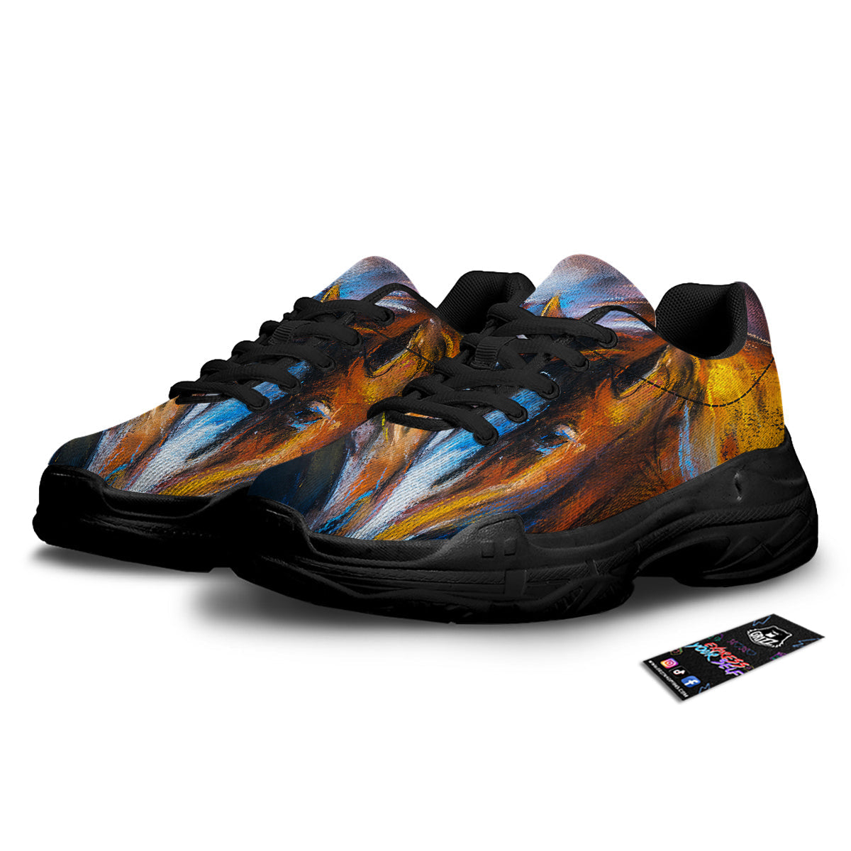 Painting Couple Horses Print Black Chunky Shoes-grizzshop