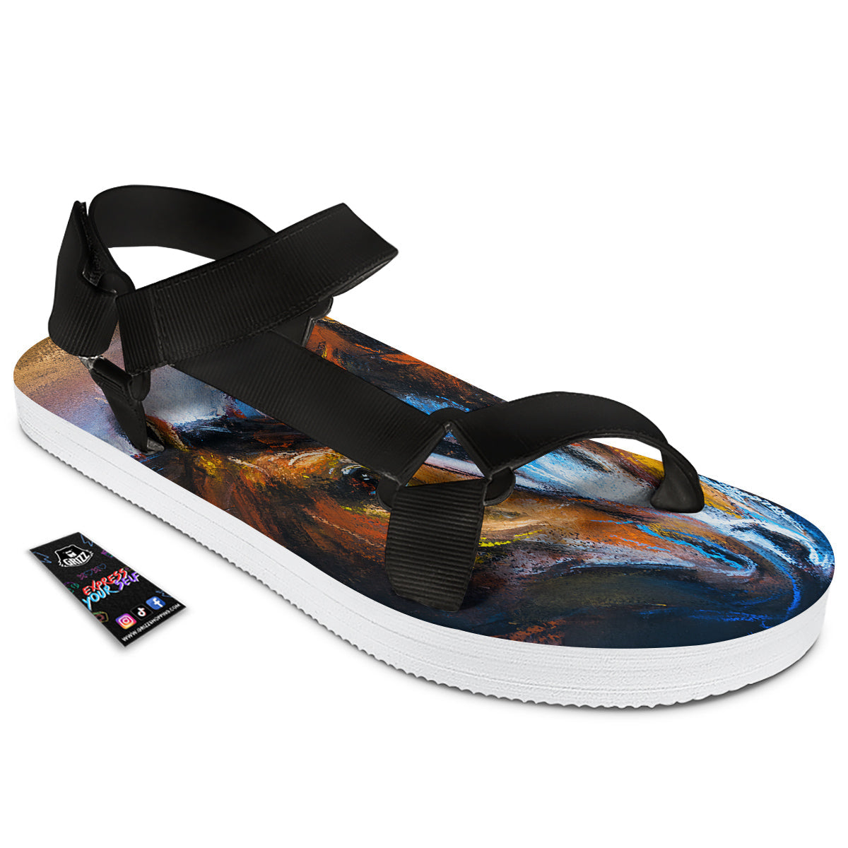 Painting Couple Horses Print Black Open Toe Sandals-grizzshop