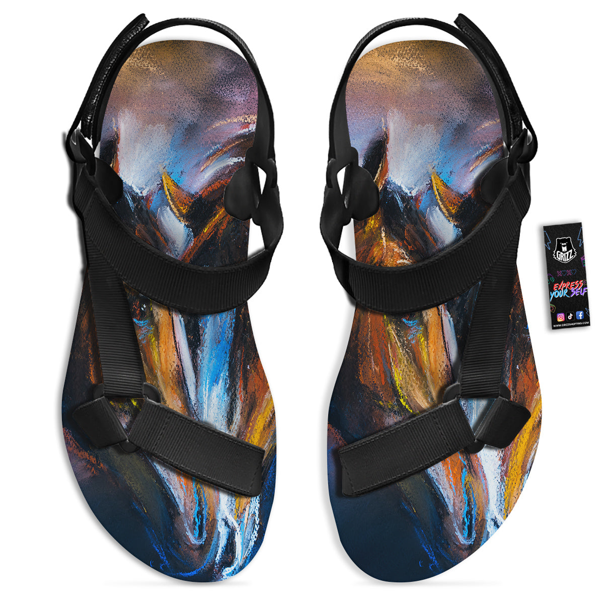 Painting Couple Horses Print Black Open Toe Sandals-grizzshop