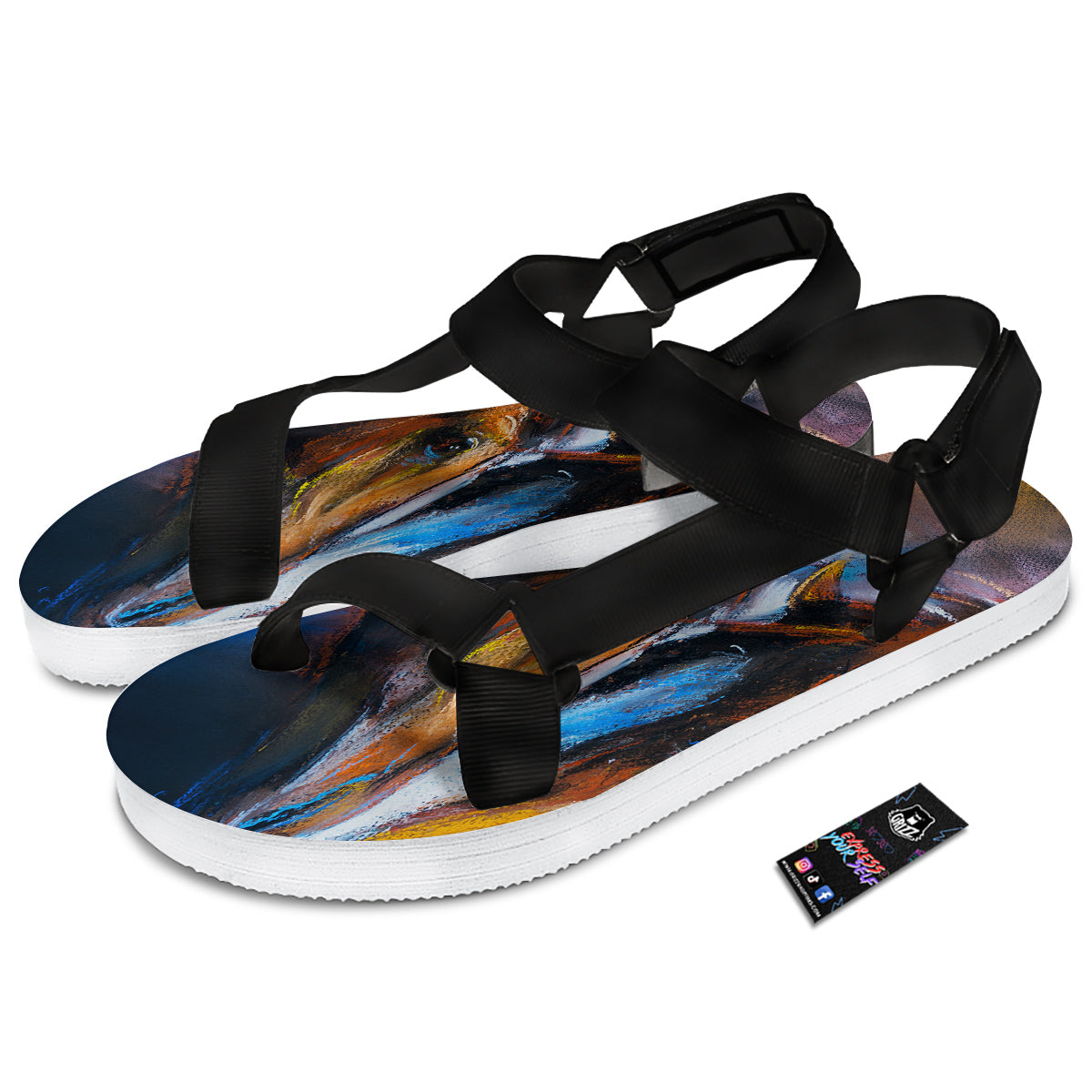 Painting Couple Horses Print Black Open Toe Sandals-grizzshop