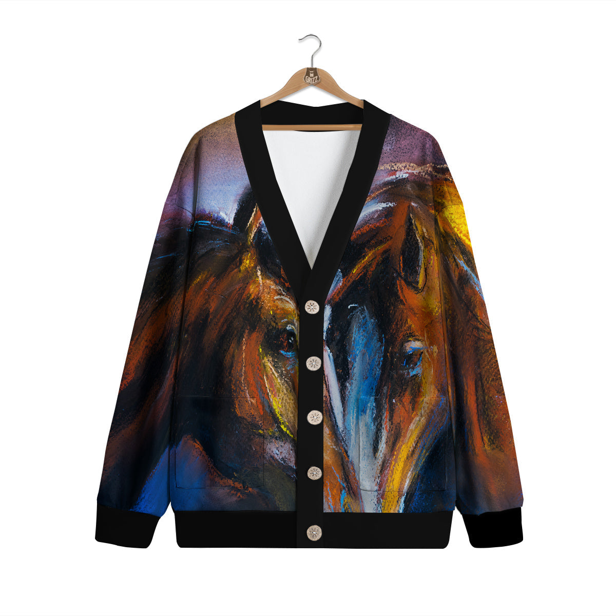 Painting Couple Horses Print Cardigan-grizzshop