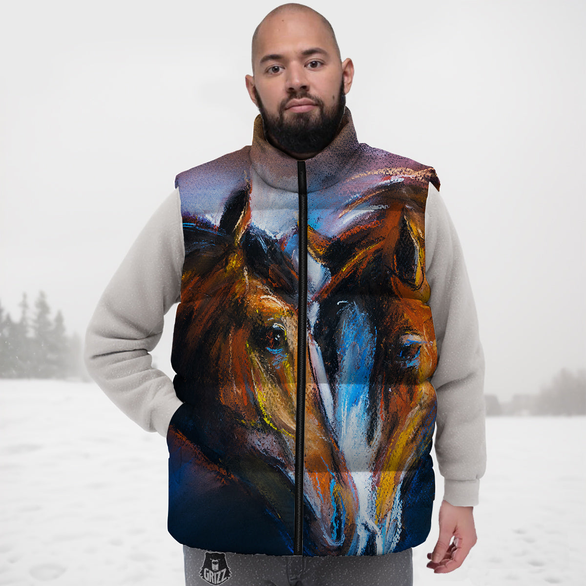 Painting Couple Horses Print Down Vest
