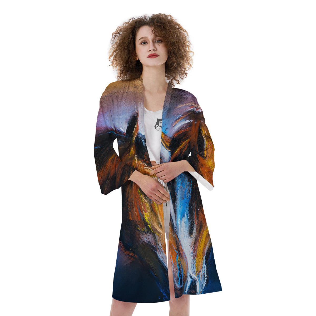 Painting Couple Horses Print Kimono-grizzshop