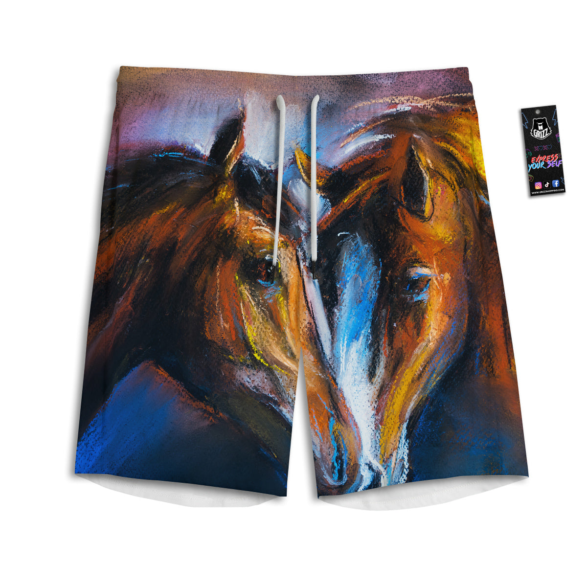 Painting Couple Horses Print Men's Athletic Shorts
