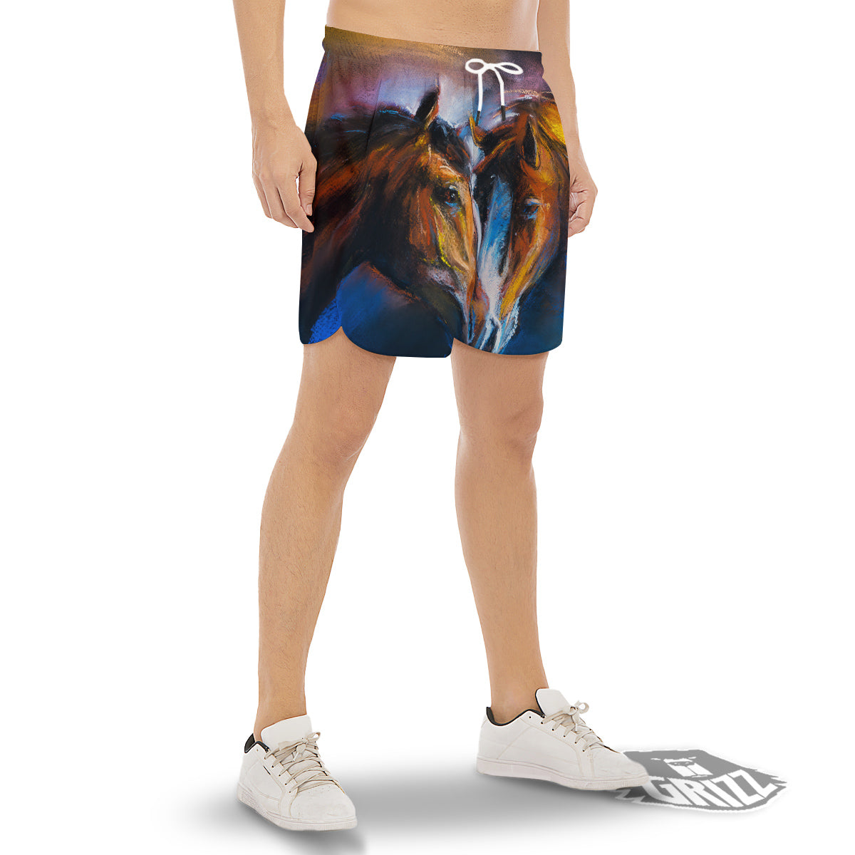 Painting Couple Horses Print Men's Gym Shorts-grizzshop