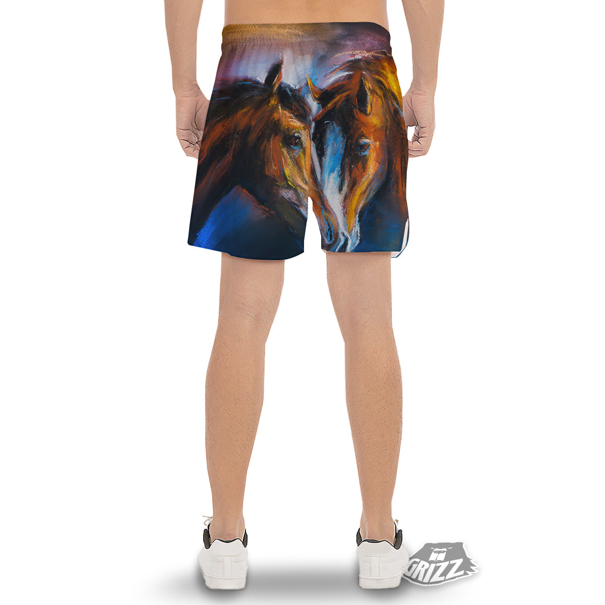 Painting Couple Horses Print Men's Gym Shorts-grizzshop