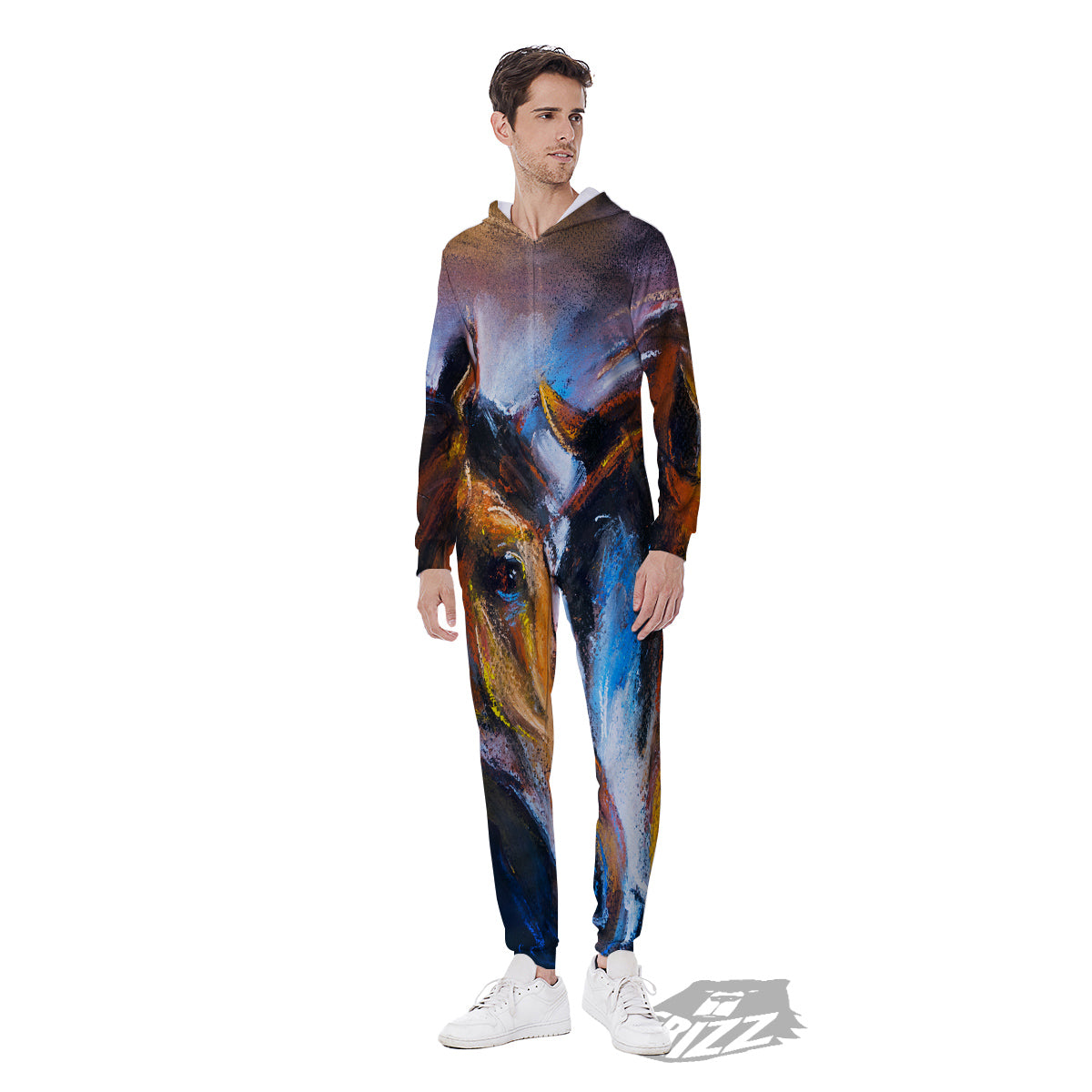 Painting Couple Horses Print Men's Jumpsuit-grizzshop