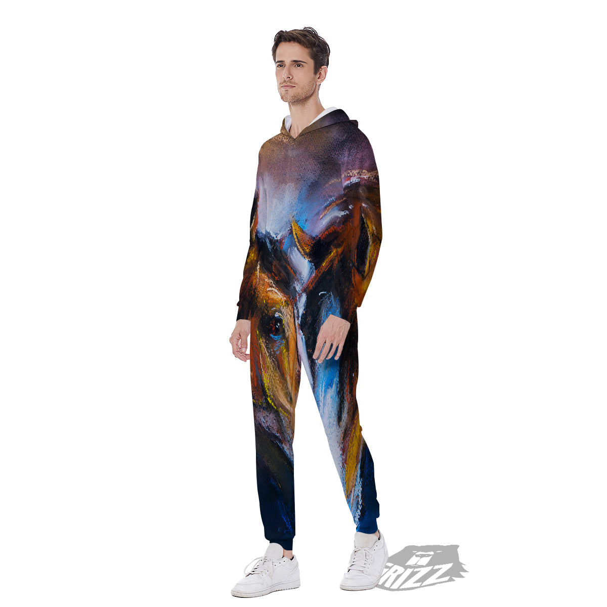 Painting Couple Horses Print Men's Jumpsuit-grizzshop