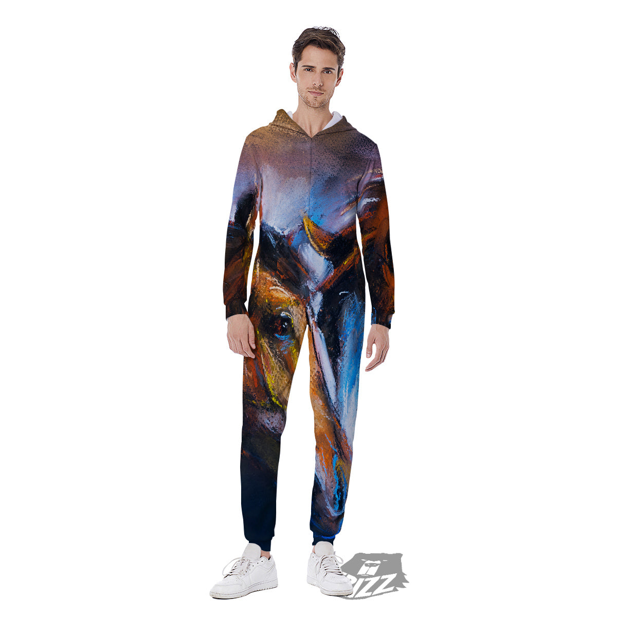 Painting Couple Horses Print Men's Jumpsuit-grizzshop