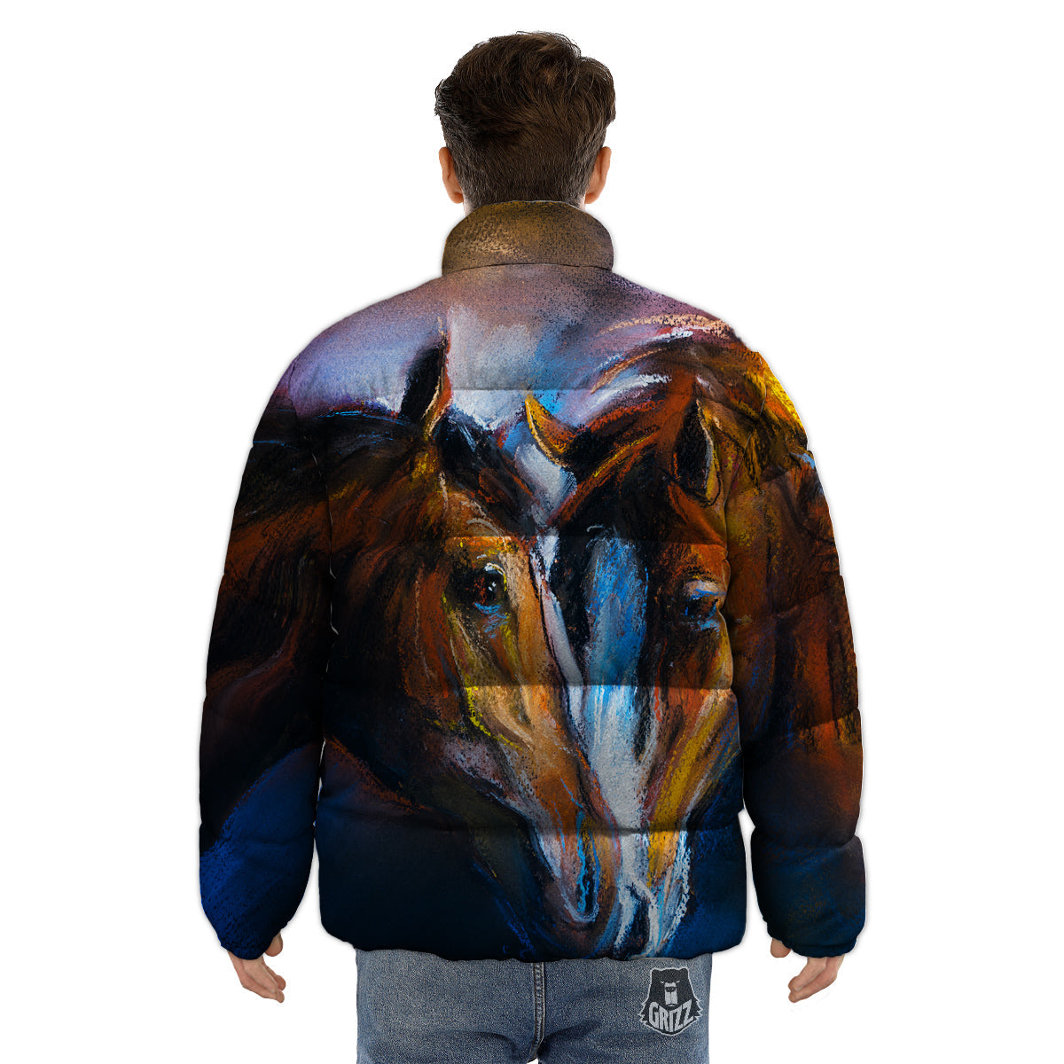 Painting Couple Horses Print Puffer Jacket-grizzshop