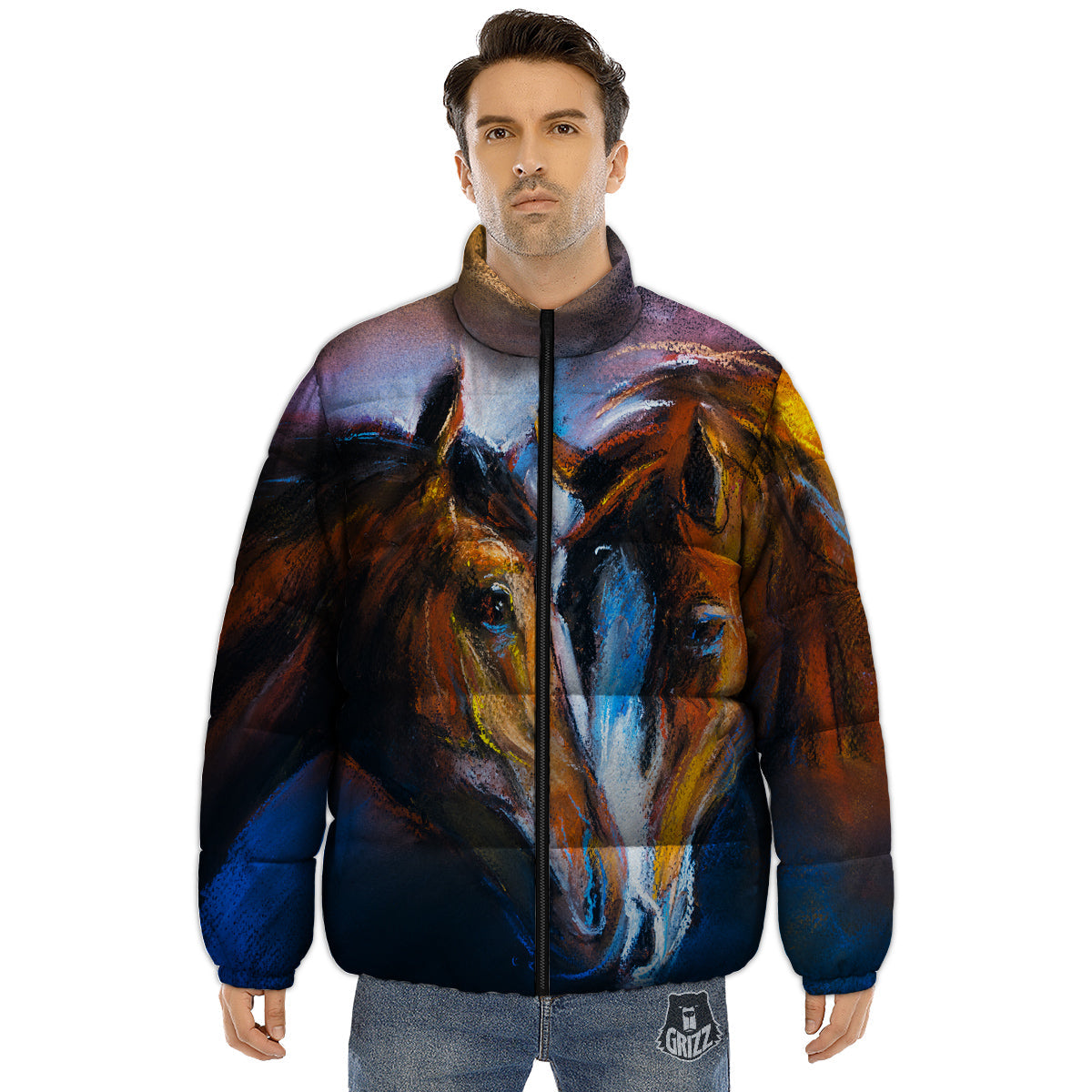 Painting Couple Horses Print Puffer Jacket-grizzshop