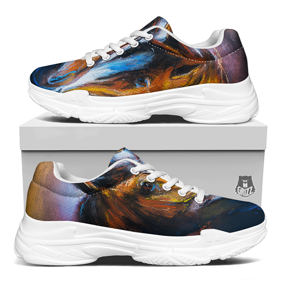 Painting Couple Horses Print White Chunky Shoes-grizzshop
