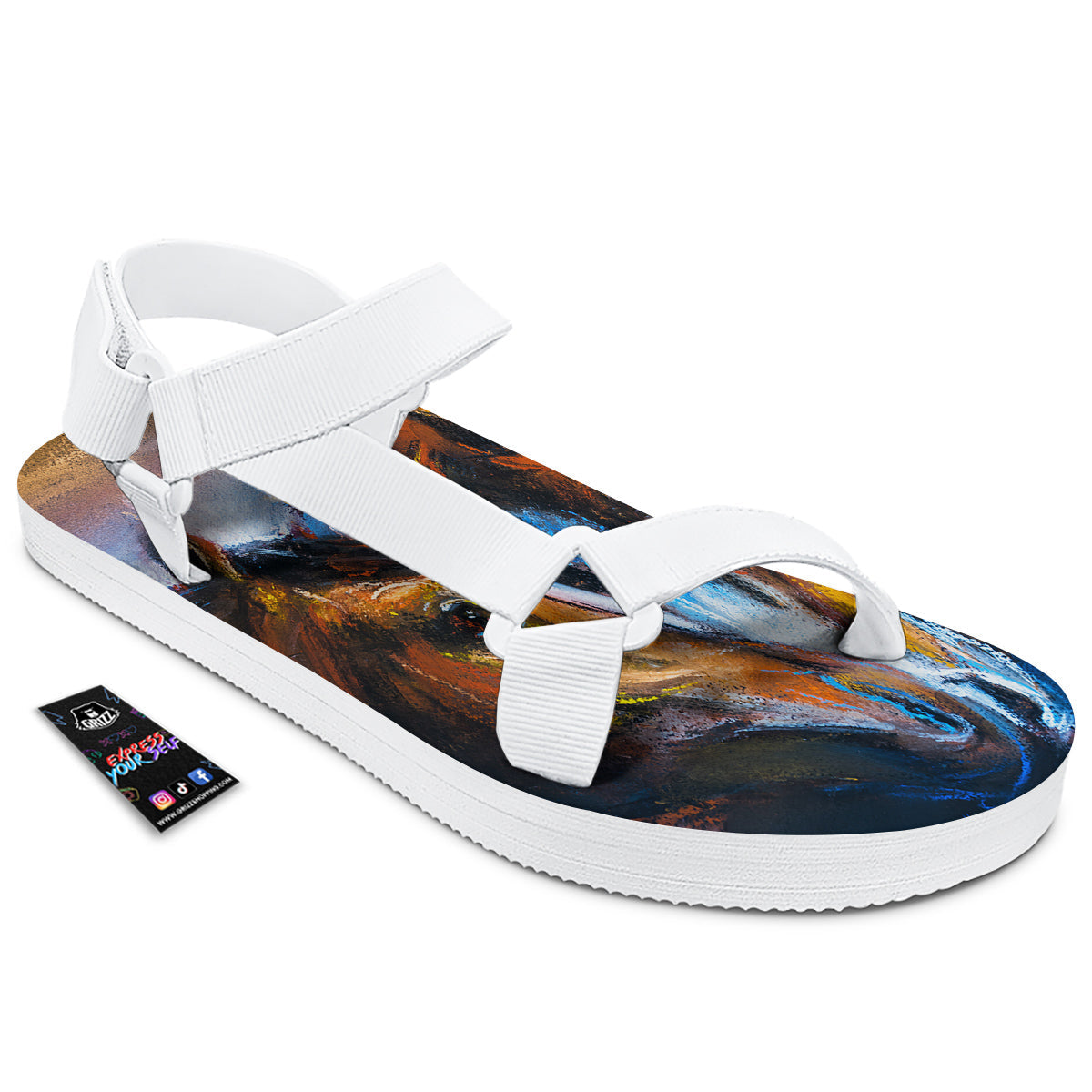 Painting Couple Horses Print White Open Toe Sandals-grizzshop
