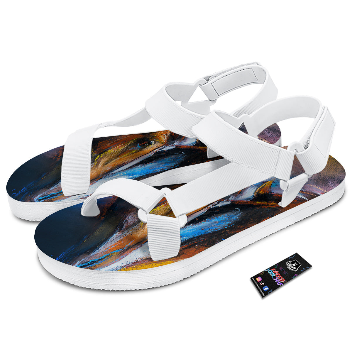 Painting Couple Horses Print White Open Toe Sandals-grizzshop