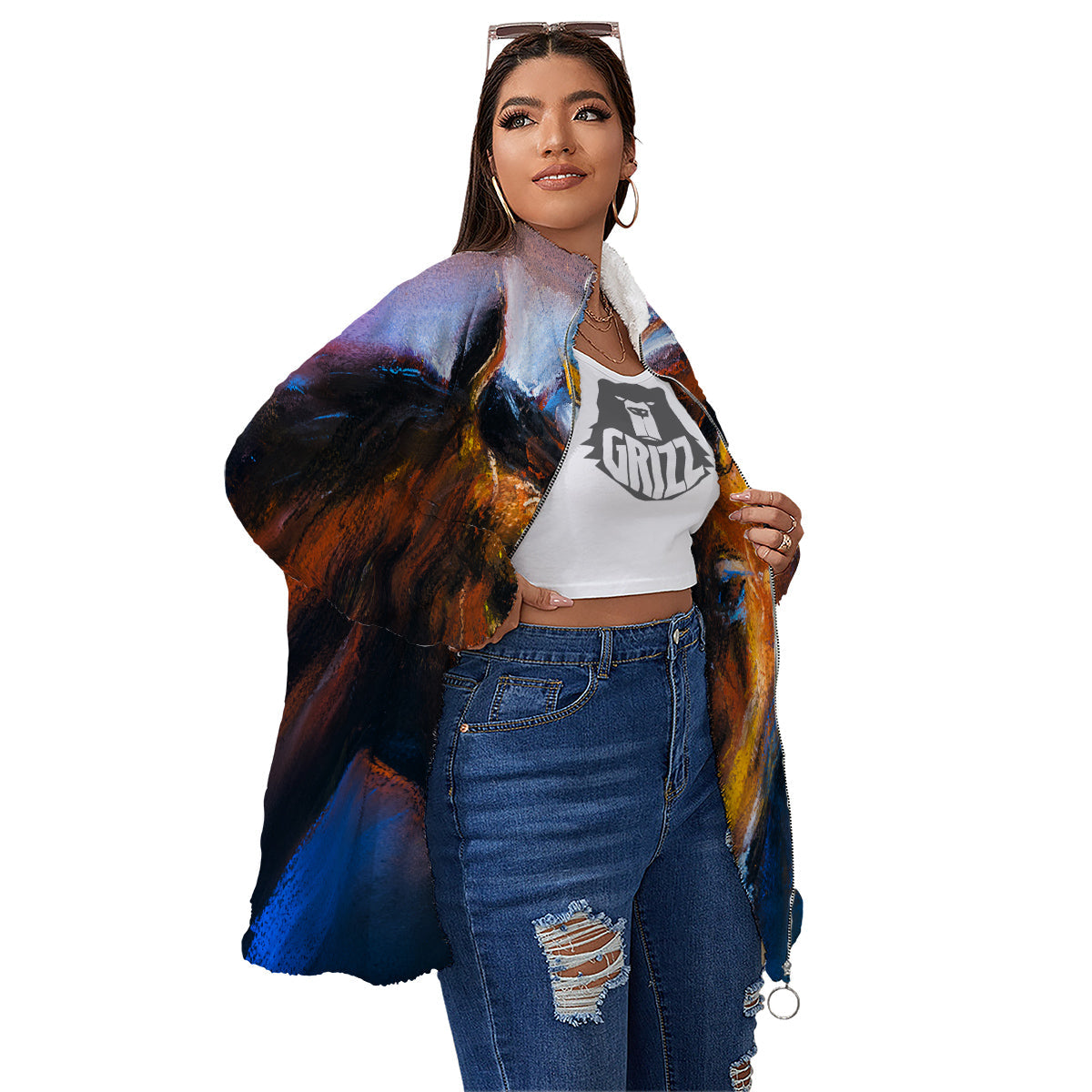 Painting Couple Horses Print Women's Sherpa Jacket-grizzshop