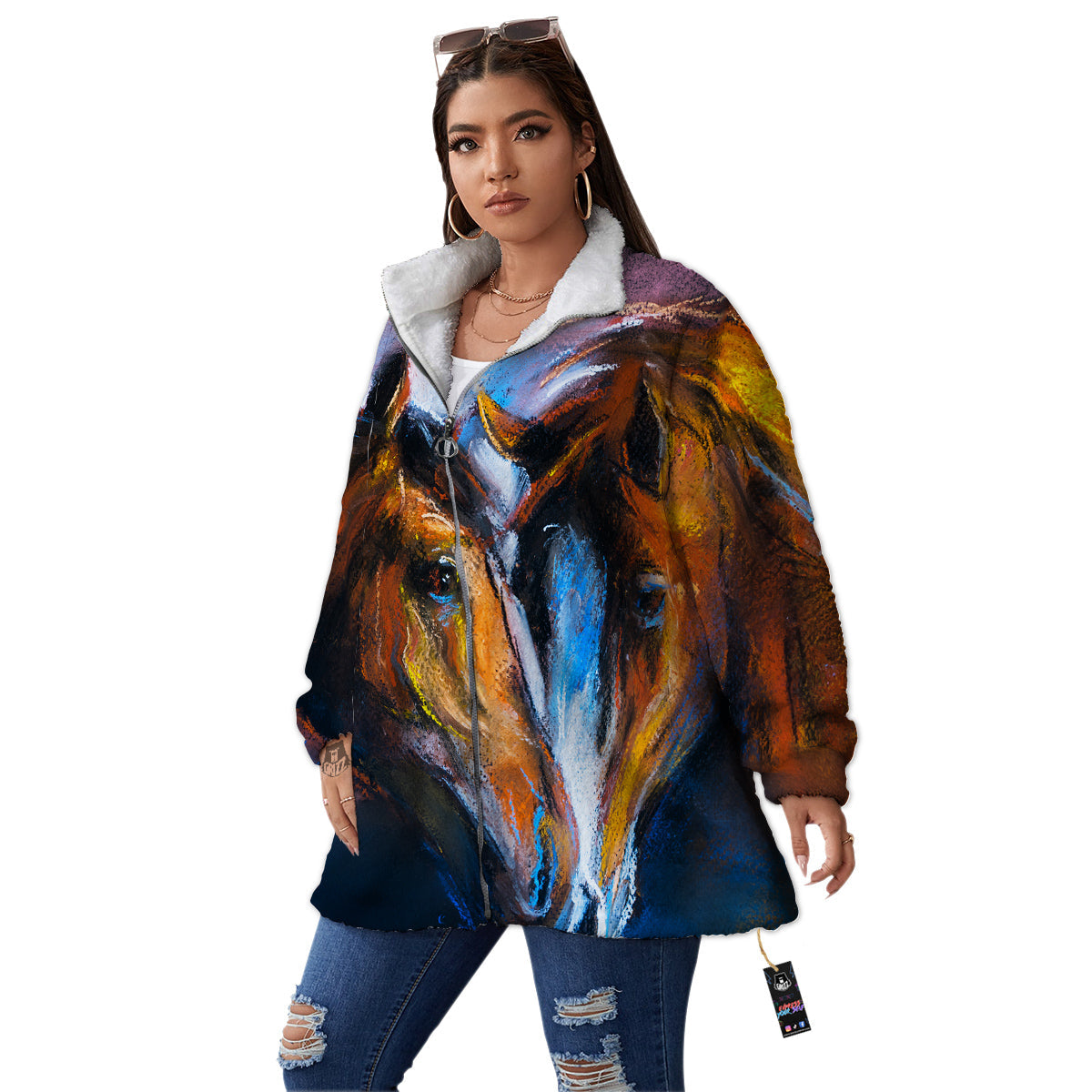 Painting Couple Horses Print Women's Sherpa Jacket-grizzshop