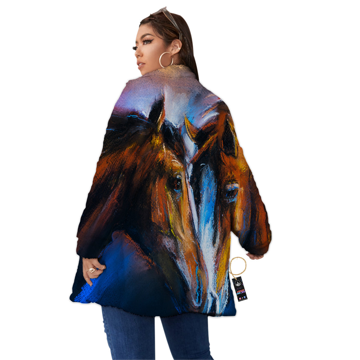 Painting Couple Horses Print Women's Sherpa Jacket-grizzshop