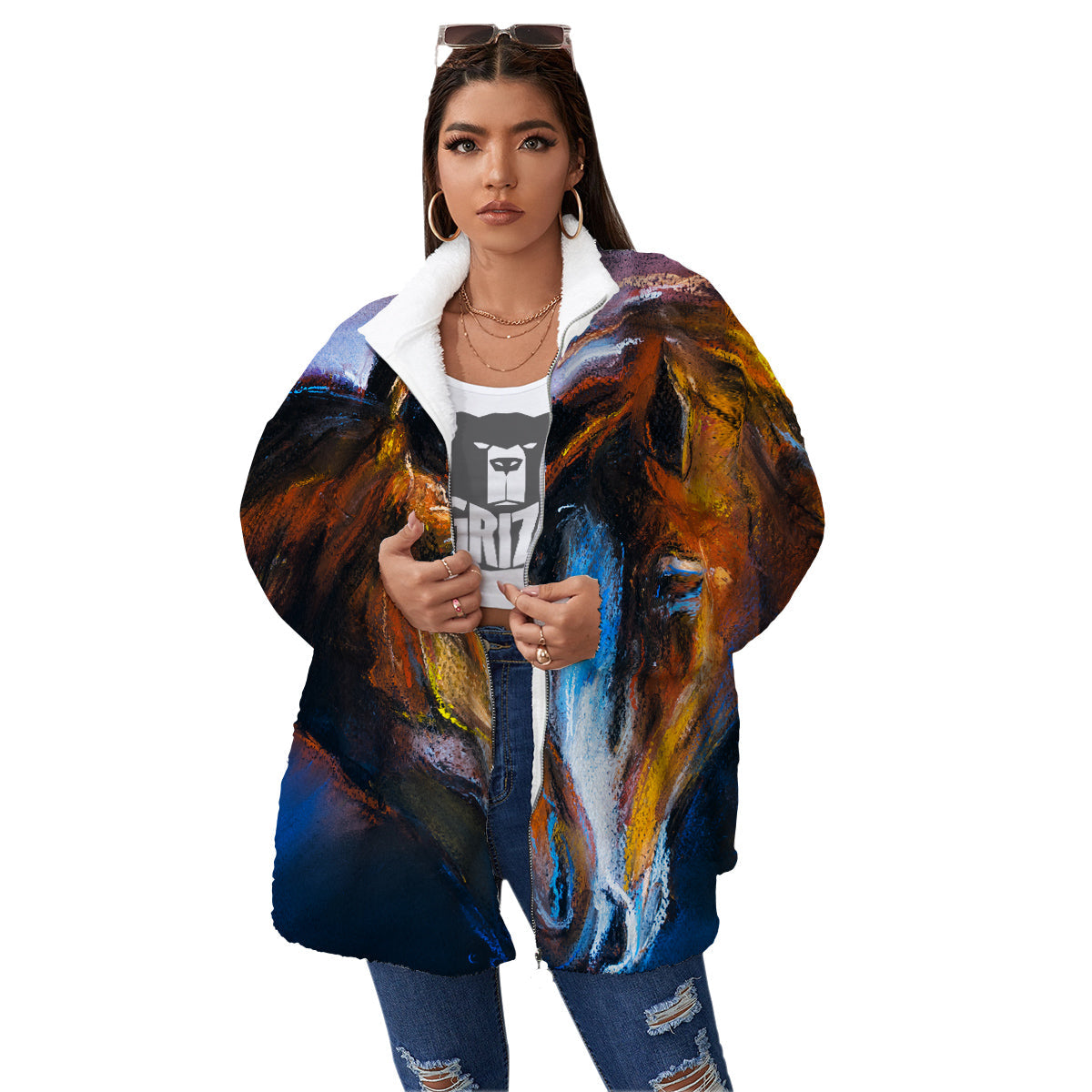 Painting Couple Horses Print Women's Sherpa Jacket-grizzshop