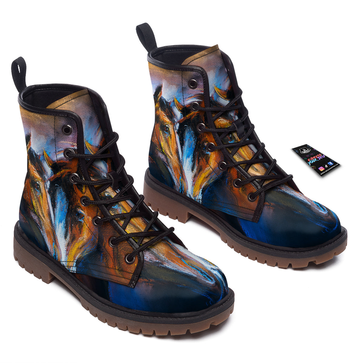 Painting Couple Horses Print Work Boots-grizzshop