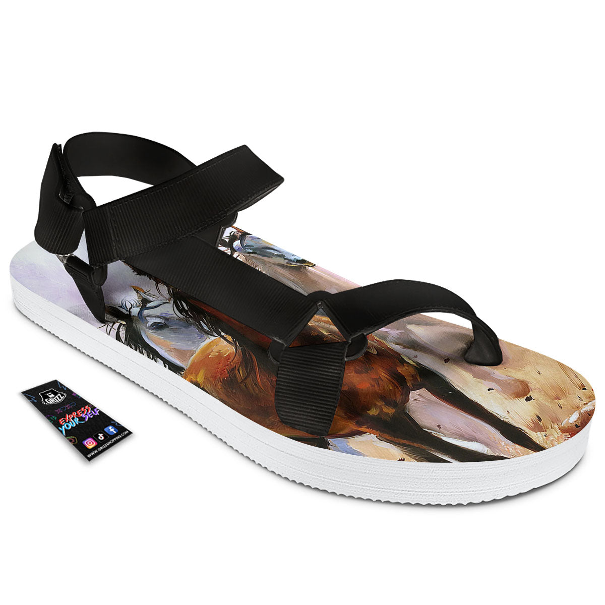 Painting Horse Vintage Print Black Open Toe Sandals-grizzshop