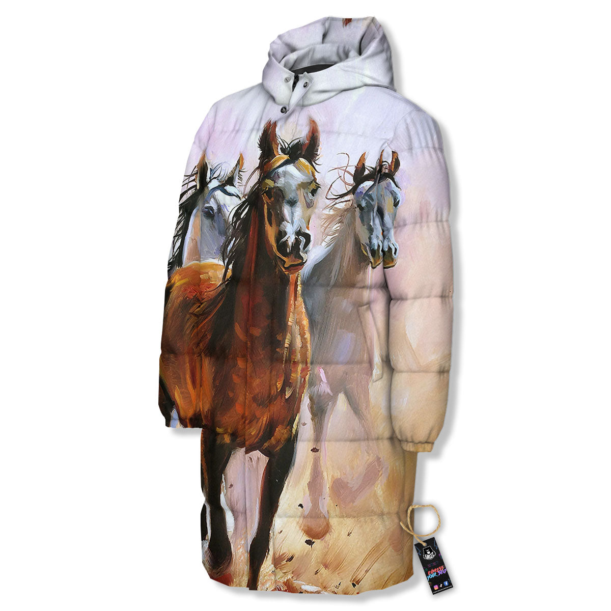 Painting Horse Vintage Print Long Down Jacket-grizzshop