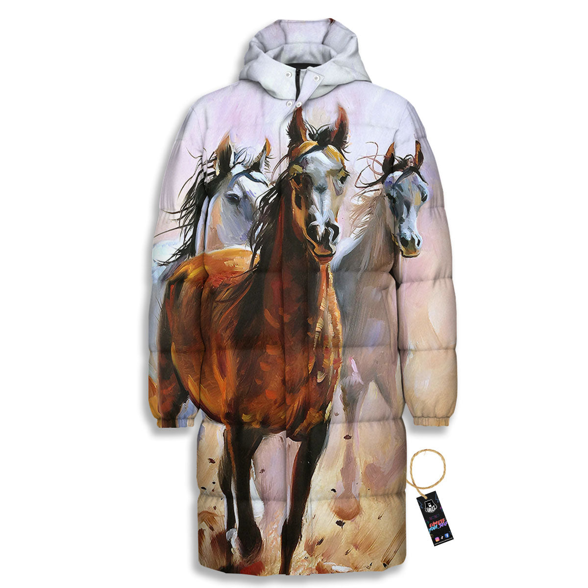 Painting Horse Vintage Print Long Down Jacket-grizzshop