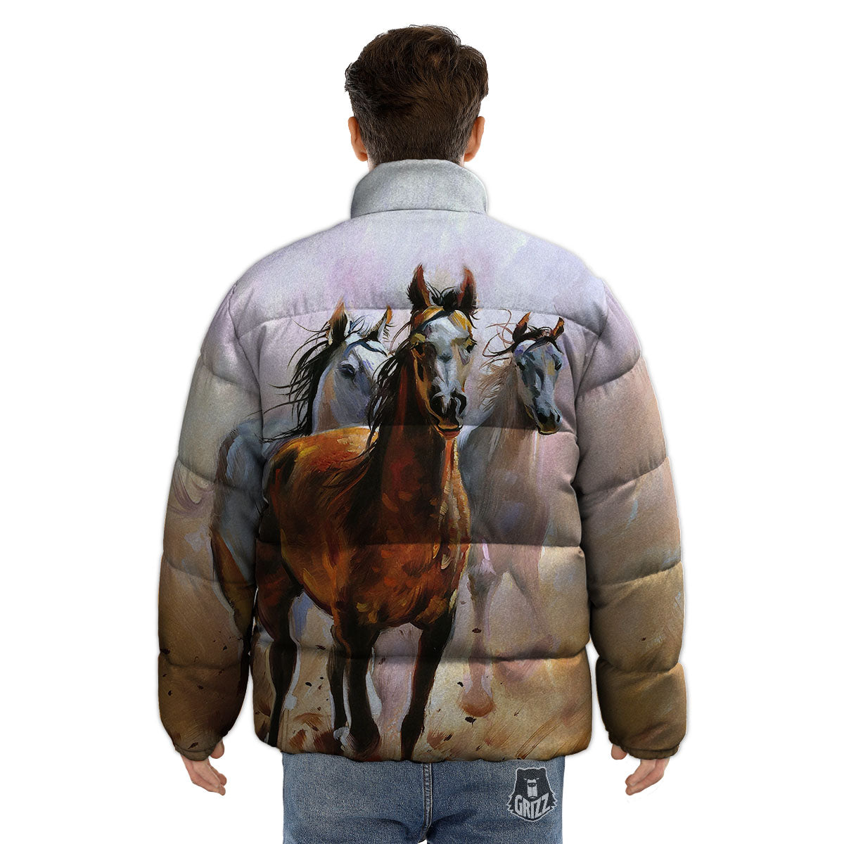Painting Horse Vintage Print Puffer Jacket-grizzshop
