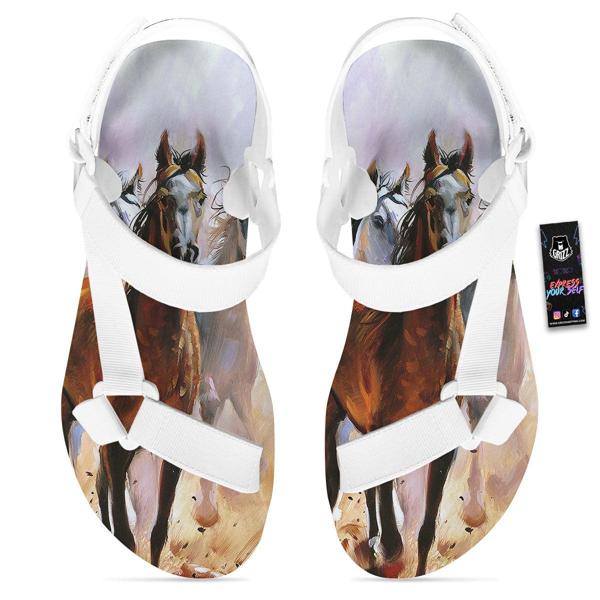 Painting Horse Vintage Print White Open Toe Sandals-grizzshop