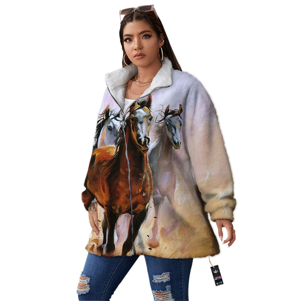 Painting Horse Vintage Print Women's Sherpa Jacket-grizzshop