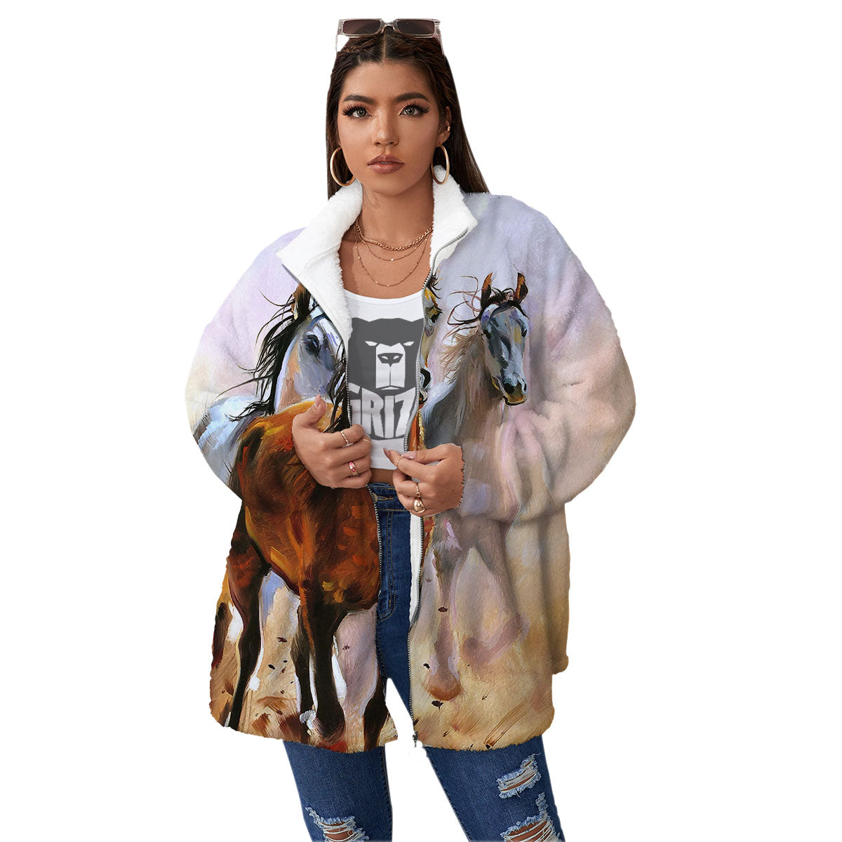 Painting Horse Vintage Print Women's Sherpa Jacket-grizzshop