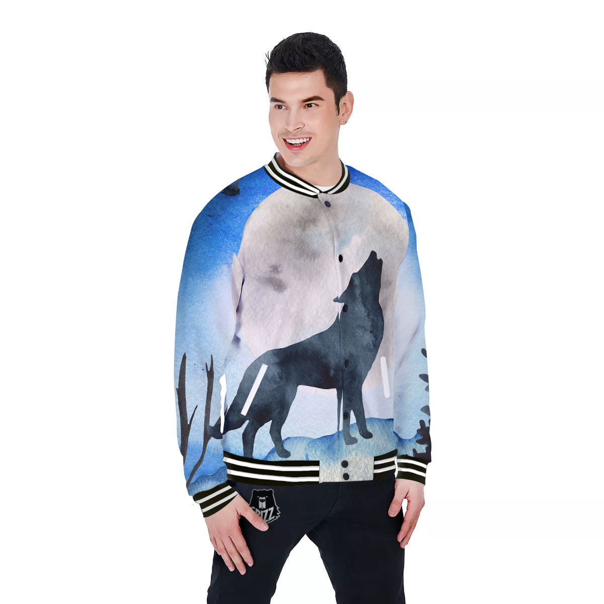 Painting Howling Wolf Snowy Print Baseball Jacket-grizzshop